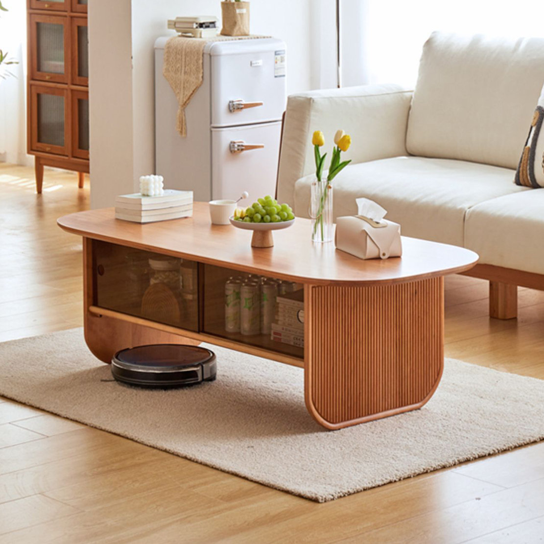 Creature B Comforts Cherry wood coffee table glass storage cabinet Wayfair